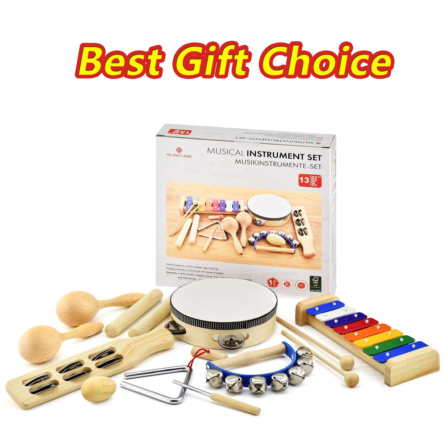 MUSICUBE Musical Instrument Set for Toddler Baby Kid Wooden Percussion Instrument Musical Toys Xylophone Maracas Egg Shaker Tambourine Triangle Instrument for Boys Girls