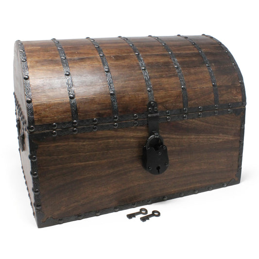 Nautical Cove Wood Treasure Chest with Decorative Rivets and Reinforcing Iron Strips with Lock and Skeleton Keys (Dark Antique, X-Large 16x12x12) – Wooden Keepsake Box, Pirate Decor, Storage Chest