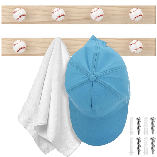 Leinuosen 2 Pcs Baseball Wall Decor Baseball Coat Hooks Wall Mounted Wooden Ball Games Hat Rack Vintage Keyholder Sports Theme Decor for Towels Bags Hats Keys Coats