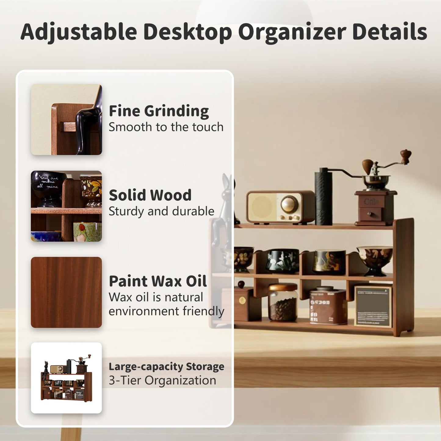 KAOTGOT Coffee Cup Holder for Countertop Walnut Wood Coffee Mugs Holder for Kitchen Mug Display Rack (3-Tier Walnut wood A)
