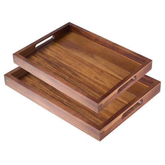 Acacia Wood Serving Trays Set of 2, 17x13 & 16x12 inch Rectangular Ottoman Trays, Decorative Wooden Trays with Handles for Food, Coffee, Tea, Living Room, Kitchen(2 Pack, Brown, 17"+16")