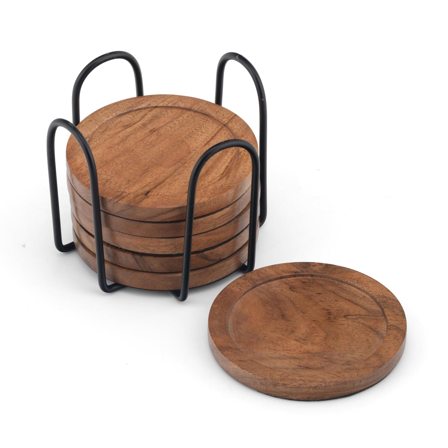 Acacia Wood Round Coasters Set of 6 with Holder – Absorbent Drink Coasters for Coffee & Dining Tables, Farmhouse Home Decor Bar Accessories, Housewarming Gift