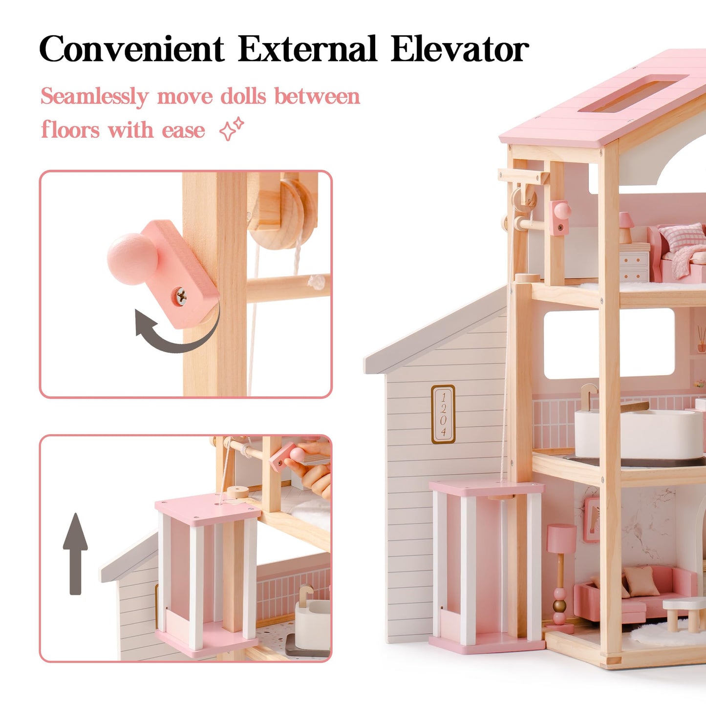 ROBOTIME Wooden Dollhouse, Doll House with 29 Pieces Furniture Set - Pool and Elevator, Wooden Doll House for 4, 5, 6-Inch Dolls, 6 Rooms Pink Dollhouse Gift for Kids Girls Ages 3+ (Pink)