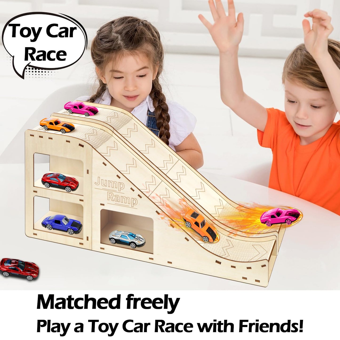 Wooden Toy Cars Jump Ramp, Toy Car Track Set for Hot Wheels, Race Cars Track for Hot Wheels and Diecast Cars, Wood Jump Ramp for Hotwheels, Playing Storage Display Race Set