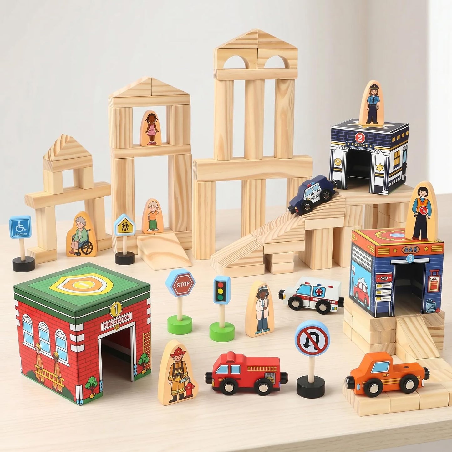 Atoylink Kids Building Blocks for Toddlers 1-3, 108Pcs Wooden Stacking Toys with Community Helpers & Magnetic Wooden Cars Signals, Baby Nesting Boxes Preschool Learning Toys for Boys Girls Gift