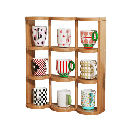 STEHEMO Wooden Coffee Mug Display Rack, Countertop Freestanding Grid Vintage Coffee Cup Display Stand, Rustic Coffee Mug Holder Organizer for Kitchen, Coffee Station,9 Grid