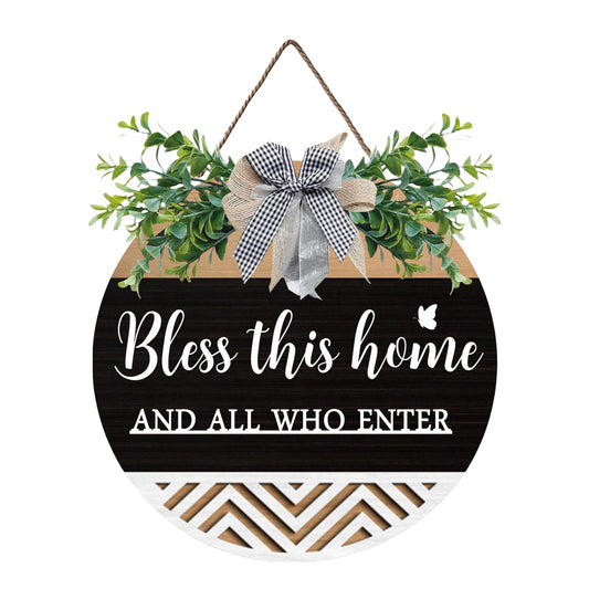 Bless This Home And All Who Enter Wooden Front Door Sign Decoration Hanging Christian Home Porch Wall Decor Welcome Porch Wall Sign with Bow-knot Wreath Gift for Entryway Porch Front Door