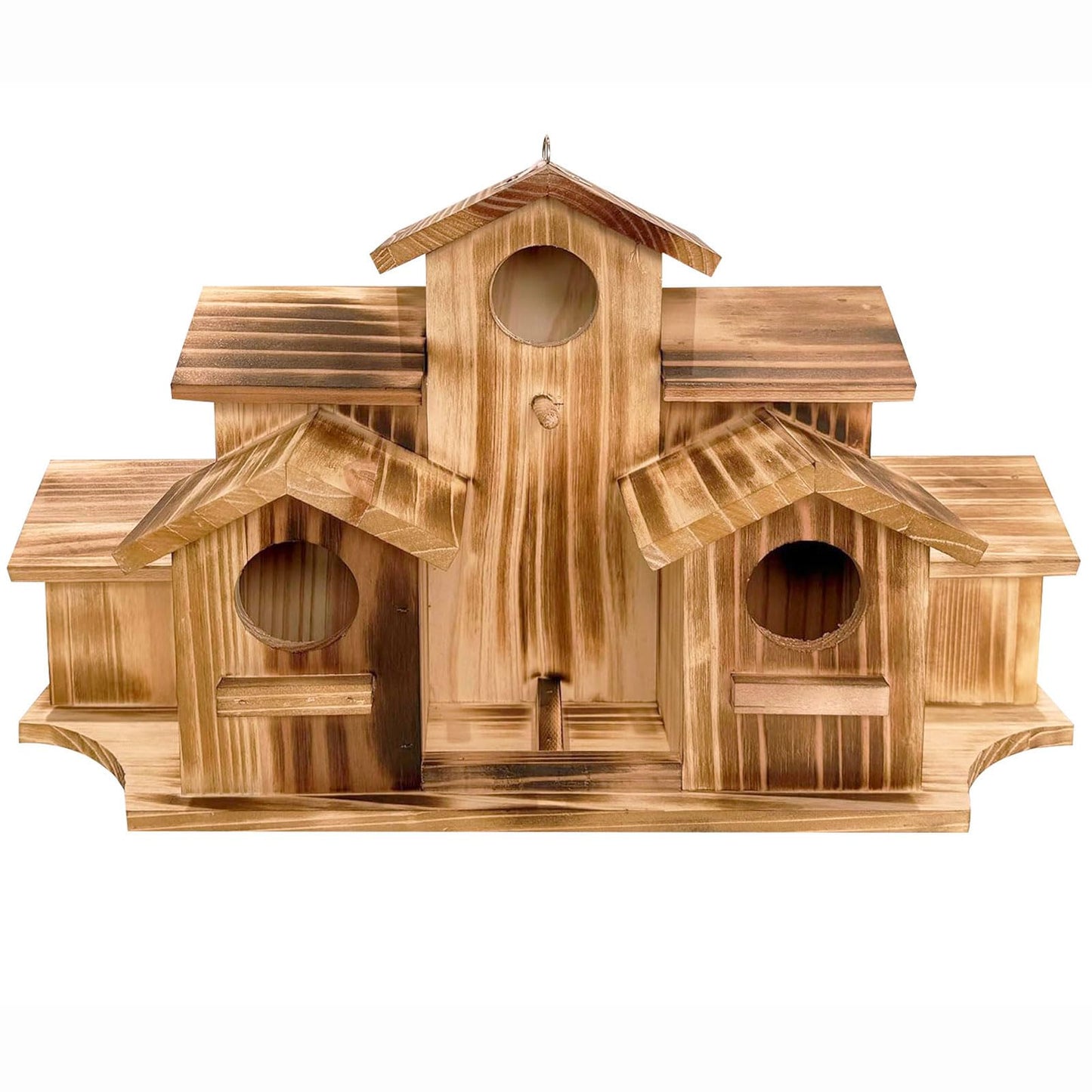 Wooden Bird House for Outside, 7-Compartment Large Birdhouse Castle with Perches, Weatherproof Burnt Wood Hanging Bird Nest for Garden Patio, Decorative Bird Shelter for Bluebird, Finch, Sparrow