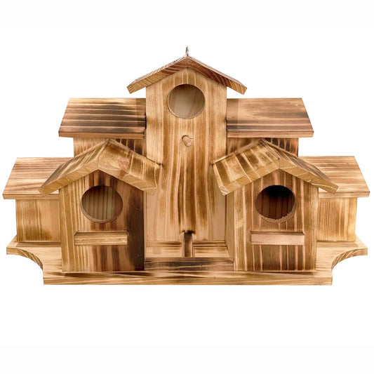 Wooden Bird House for Outside, 7-Compartment Large Birdhouse Castle with Perches, Weatherproof Burnt Wood Hanging Bird Nest for Garden Patio, Decorative Bird Shelter for Bluebird, Finch, Sparrow