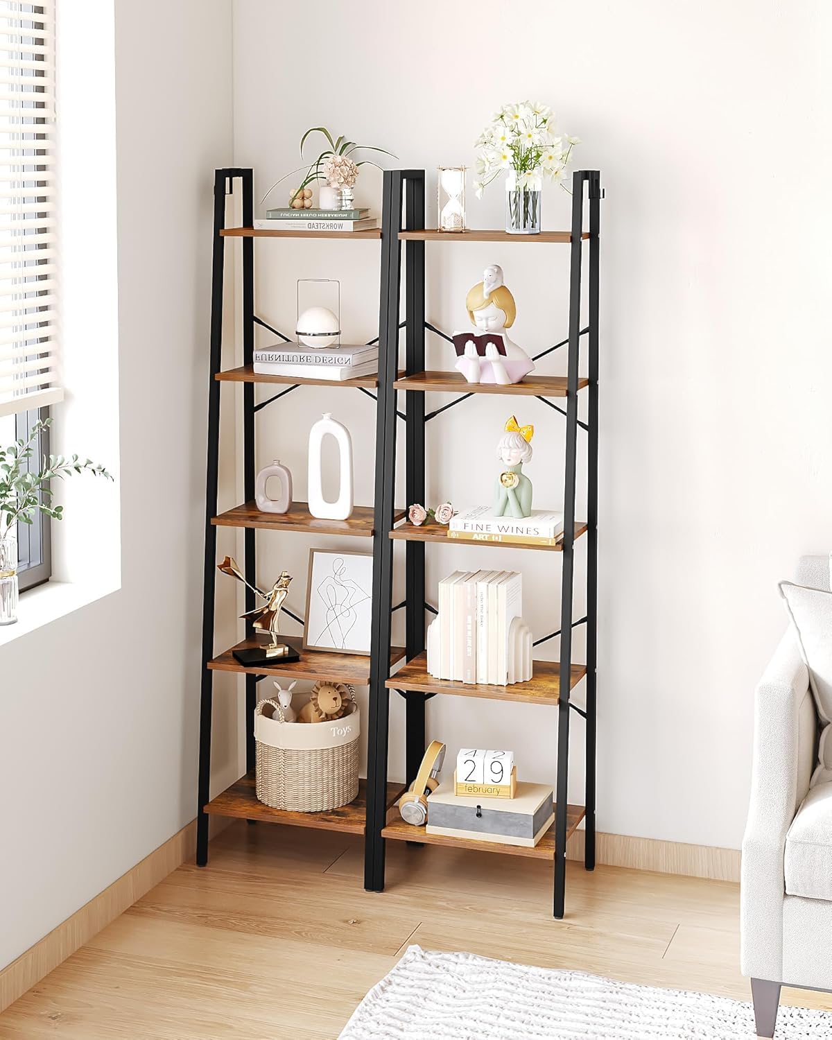 Hzuaneri Ladder Shelf, Bookshelf Bookcase, Freestanding Corner Storage Shelve with 2 Hooks for Home Office, Living Room, Kitchen, Bedroom, Industrial, 11.8" D x 17.3" W x 63" H, Rustic Brown BC19201B