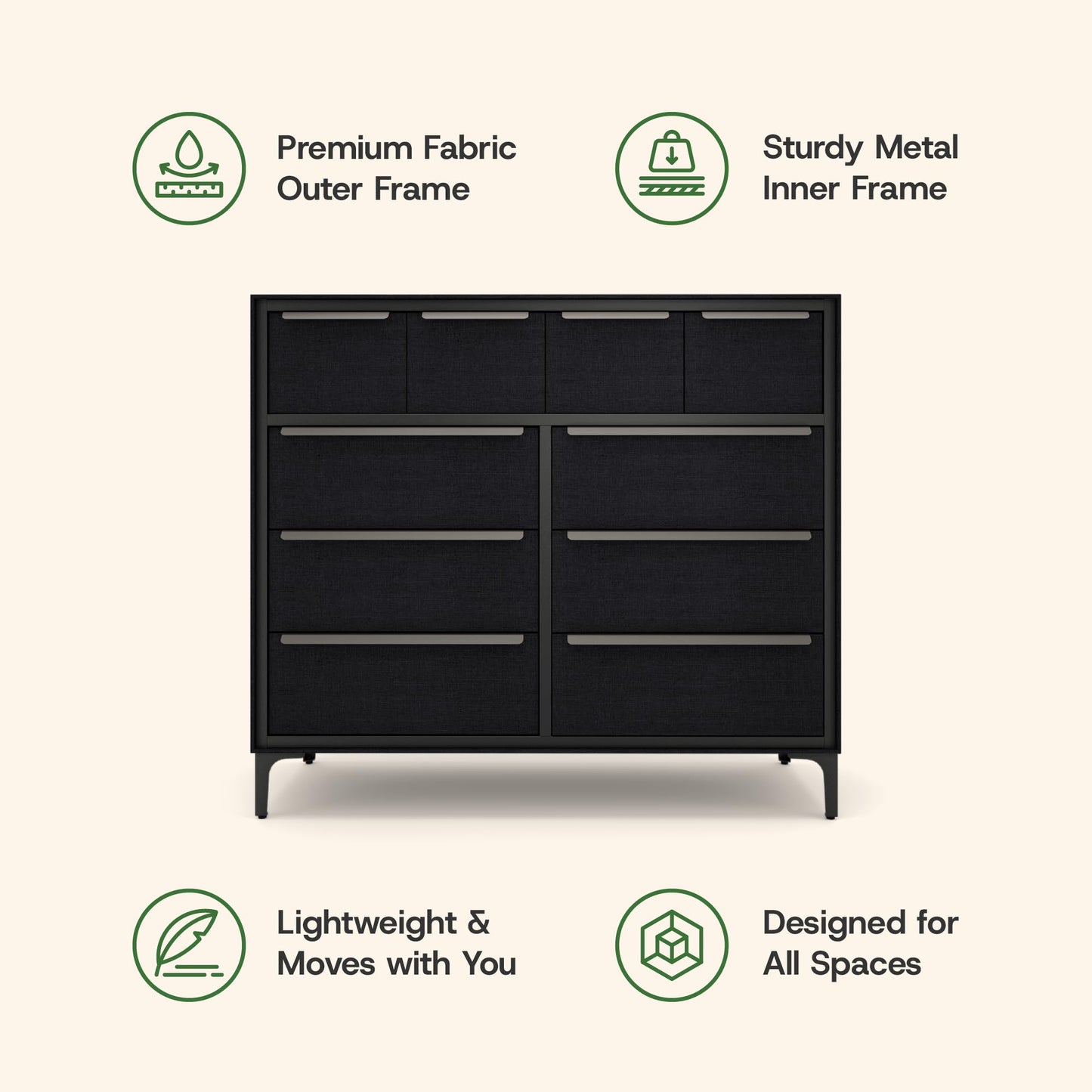 tinge Naima Premium Fabric Dresser - Strong Metal Frame, 10 Spacious Sag-Proof Drawers with Sleek Metal Handles - Premium & Durable Storage Solution for Your Home (Black)
