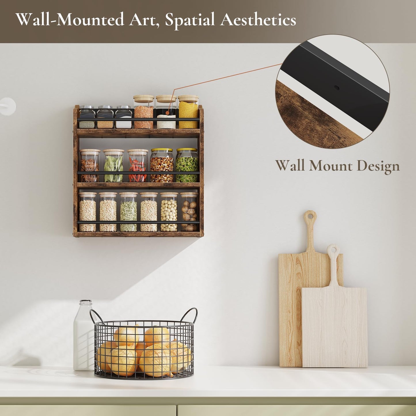 BCOZLUX Spice Rack Wall Mounted, Wood 3 Tier Spice Rack for Countertop, Vertical Spice Organizer for Spice Jars and Seasonings, Hanging Spice Shelf for Kitchen Cabinet, or Pantry, Rustic Brown