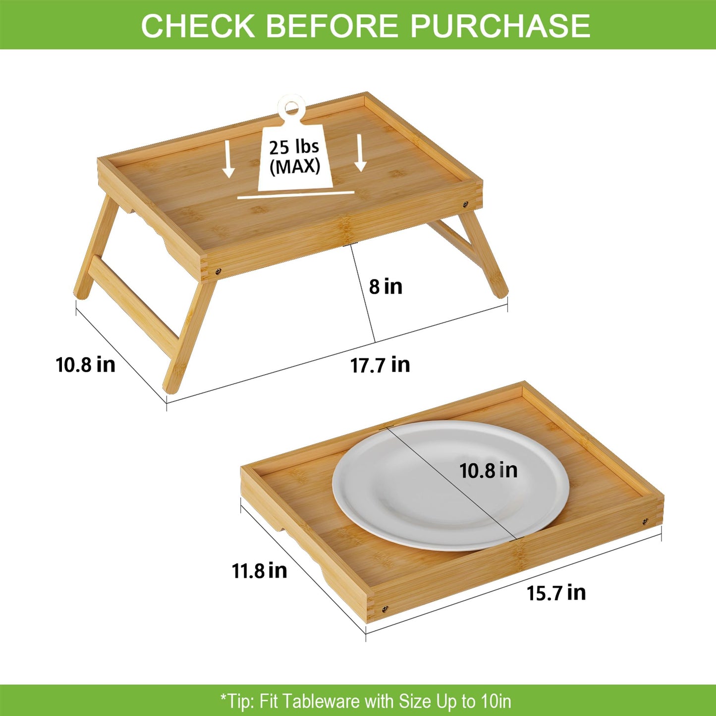 Youpehom Bed Tray Table with Folding Legs,Bamboo Breakfast in Bed for Kitchen Serving Tray,Sofa,Eating,Used As Laptop Desk Snack Tray (Bamboo, Medium)
