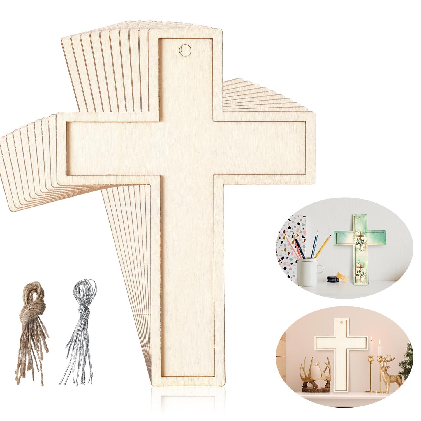 Beeveer 24 Pcs Unfinished Wooden Crosses for Crafts Unpainted Large Blank Wooden Layered Cross for Sunday School Crafts DIY Easter Projects Church Home Wall Decoration with String (5 x 3.62 Inch)