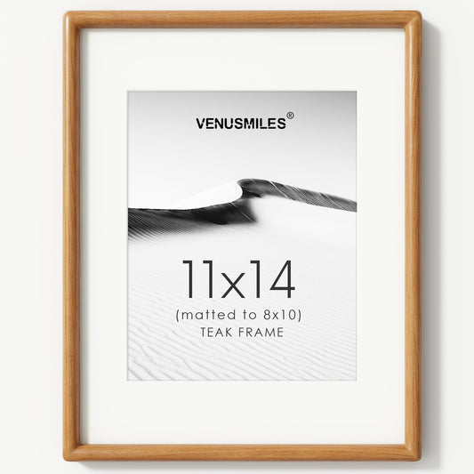 11x14 Picture Frame, USA-Sourced Natural Teak Wood Photo Frame with Tempered Glass, Handcrafted Rounded Corner 11 x 14 Wooden Frame Matted to 8x10 Photos, Hanging Hooks Included