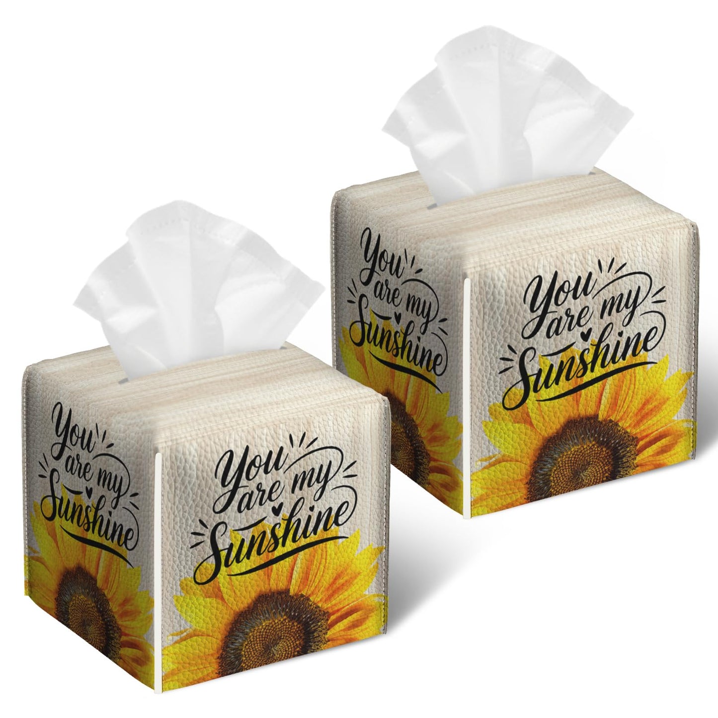 2 Pack Sunflower Sunshine Tissue Box Cover Square Wooden Board Texture PU Leather Tissue Box Holder Waterproof Facial Paper Organizer Dispenser for Bathroom Kitchen Home Office Car