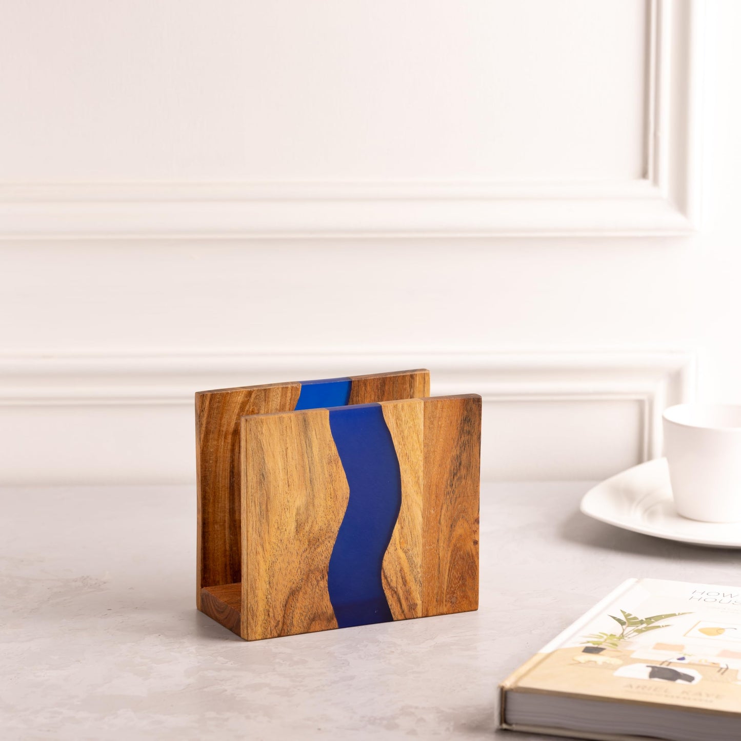 LAVAUK Acacia wood & Transparent Epoxy resin Napkin holder for table, Rustic farmhouse napkin organisation for kitchen, dining, counter tops, restaurant or outdoors | 6x5x2.5 inches| Blue