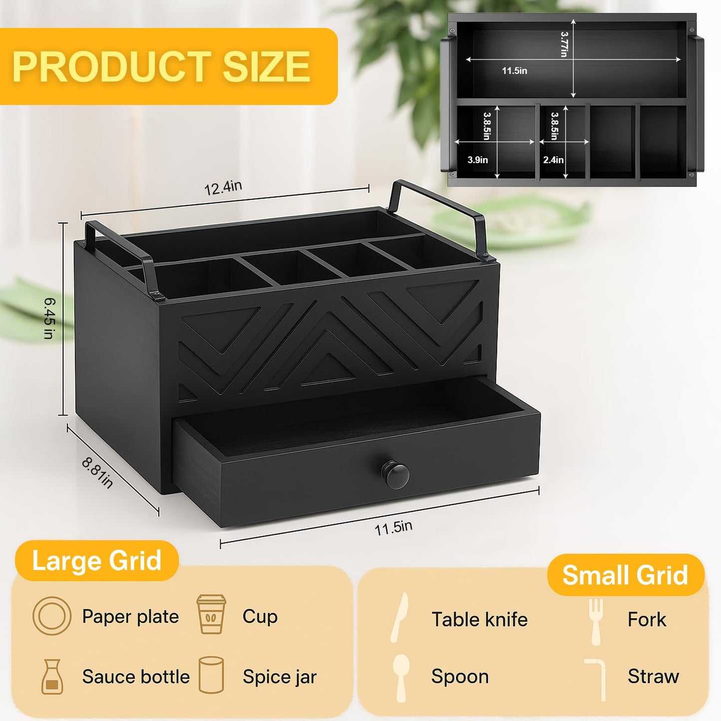 Aikosell Paper Plate Dispenser with Drawer, country style Wood Kitchen Counter, Picnic, Party, Camping - Caddy Organizer for Cups, Spoons, Forks, Plates, office supplies, Napkins & Silverware（Black）