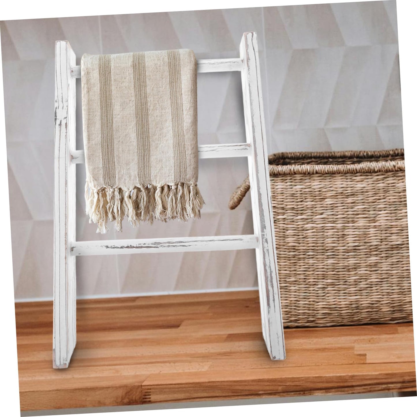 BEBEMOKO Mini Ladder Towel Rack for Bathroom Farmhouse Decor Small Space Saving Tea Towel Holder Multifunctional Display Rack White Decorative Ladder for Wall