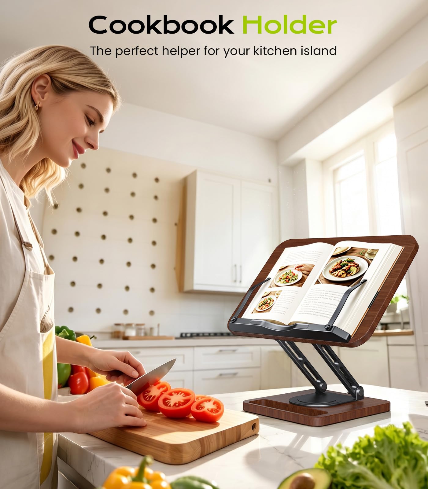 Book Stand for Reading, 360° Rotating Hands Free Book Holder with Storage, Adjustable Height & Ergonomic Cookbook Stand, Elastic Page Clips for Recipe Laptop Tablet, Foldable for Kitchen Office School