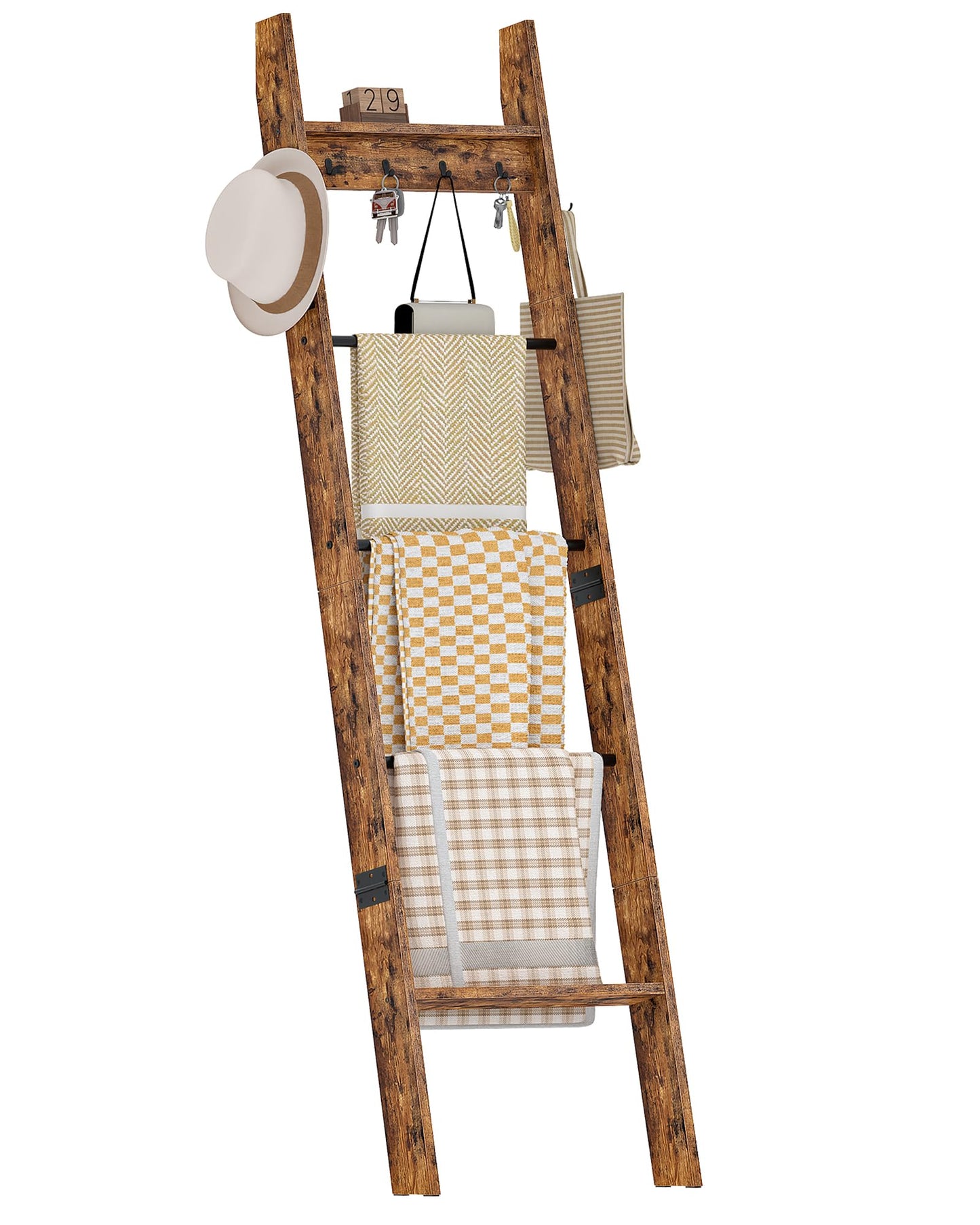 CHOEZON 5-Tier Blanket Ladder, Wooden Blanket Display Rack, Towel Ladder with Hooks, Wall Leaning Display Shelf, for Living Room, Bedroom, Balcony, Rustic Brown and Black MCJ02FG