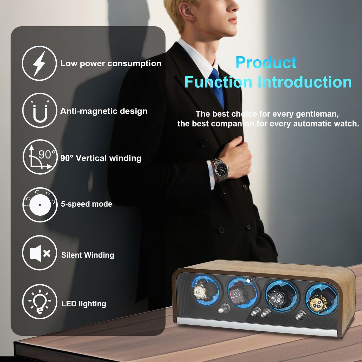 Watch Winder for Automatic Watches, Watch Winders 4 Slot for Rolex, 4 Rotation Mode Setting & Blue LED Light, Walnut Grain Design with Super Quiet Motor, Gift for Man-Brown