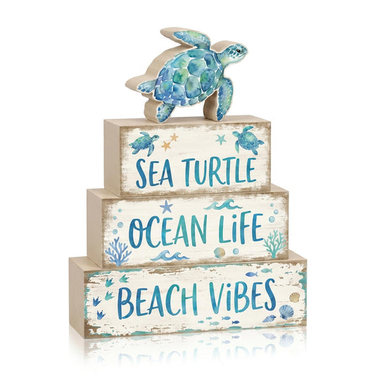 4 Pcs Summer Sea Turtle Bathroom Decor Summer Ocean Table Decorations Beach Tiered Tray Decor Coastal Wooden Signs Shelf Sitter Save The Sea Home Kitchen Office Decorations