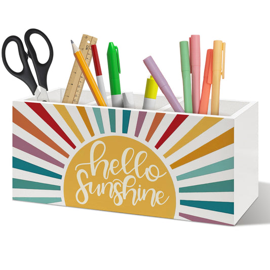 ANIANG Boho Hello Sunshine Pen Holder Organizer Desk Decor, Boho Classroom Decor, Colorful Sunshine Sunrise Sunset Wooden Pen Pencil Holders for Kids Room Classroom Home Office Desk Accessories