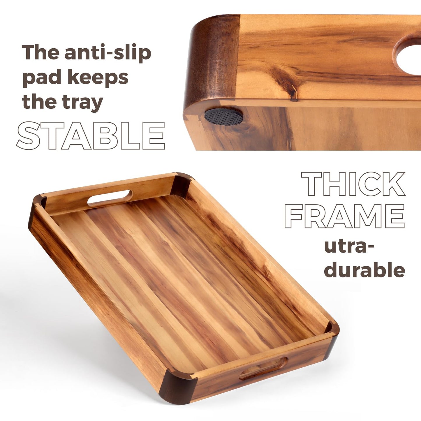 22 x 15.7 Inch Large Acacia Wood Serving Tray with Handles, Extra Spacious Decorative Wooden Tray with Dark Walnut-Tone Curved Corner Accents for Coffee Table, Ottoman & Kitchen Counter