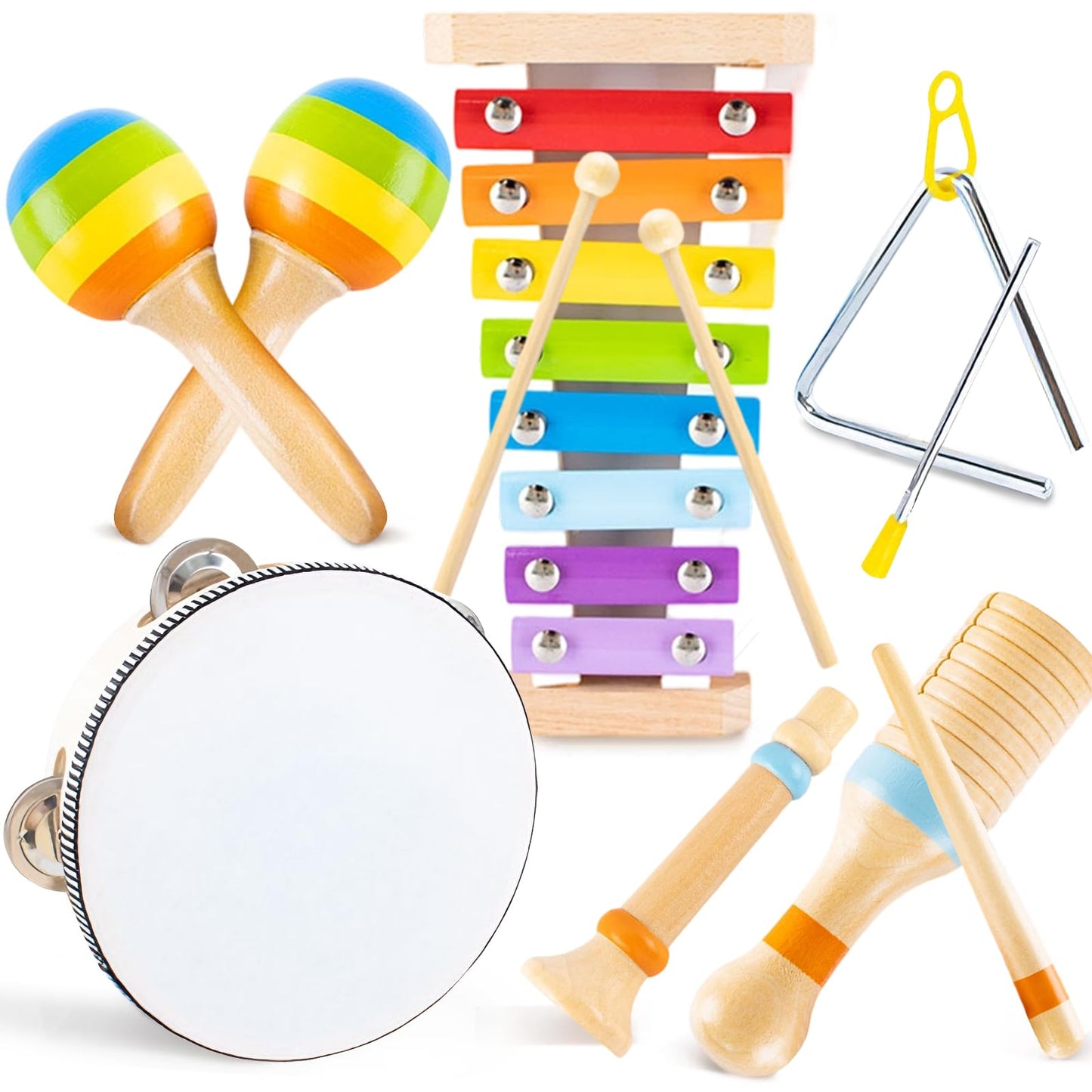Montessori Wooden Musical Instruments for Toddlers, Educational Baby Drum Set with Xylophone & Maracas and More, Music Toys for Toddler Preschool