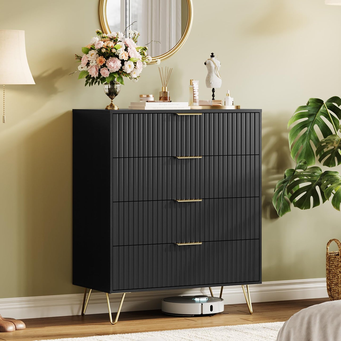GarveeHome Fluted Dresser for Bedroom with 4 Drawers,32" Wide Modern Chest of Wooden Bedroom Chest with Metal Handle,Clothes Storage Organizer,Dresser & TV Stand for Living Room,Black