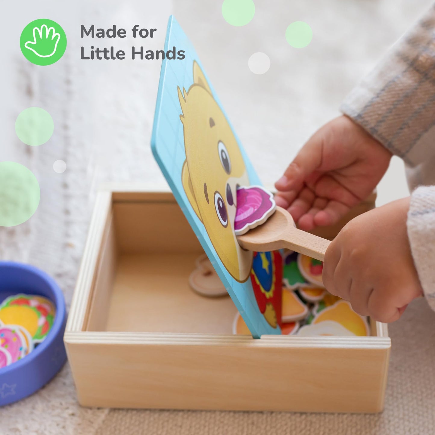 Bimi Boo Wooden Feeding Toy - Montessori Scooping & Fine Motor Toy for Toddlers 1-4 | Speech Therapy & Occupational Therapy Pretend Play Food Set | 27 Foods, Spoon & Bowl