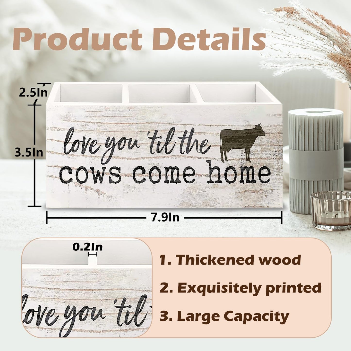URLLUAE Funny Cow Wooden Pen Pencil Holder for Office Desk Accessories, Cow Lover Gifts, Love You 'Til the Cows Come Home Makeup Brush Toothbrush Holder Organizer for Bathroom