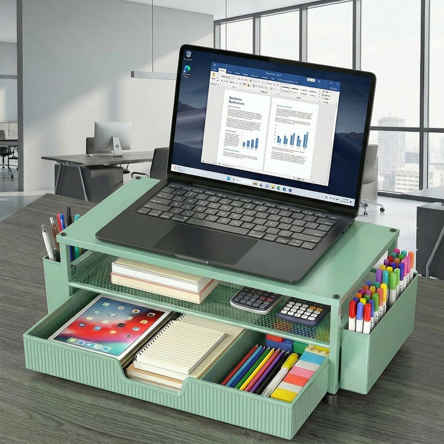 ECOLOVI Desk Organizer and Accessories, 2-Tier Computer Monitor Stand Rise with Storage Drawer & 2 Pen Holders, Laptop & Printer Stand for Desktop, Workspace Organizers for Office Supplies (Green)