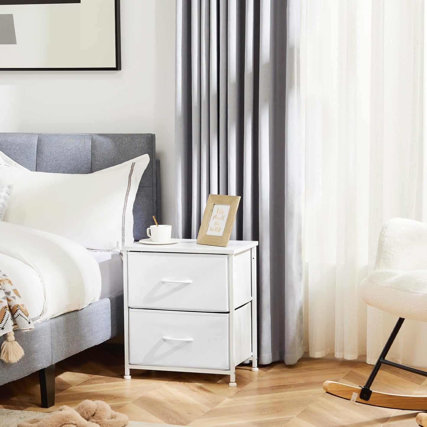 DUMOS Nightstand Small Dresser with 2 Fabric Drawers Side Tables Bedroom End Table Kids Bedside Storage Furniture for 20 inch Tall Night Stand for Closet, Entryway, College Dorm, White