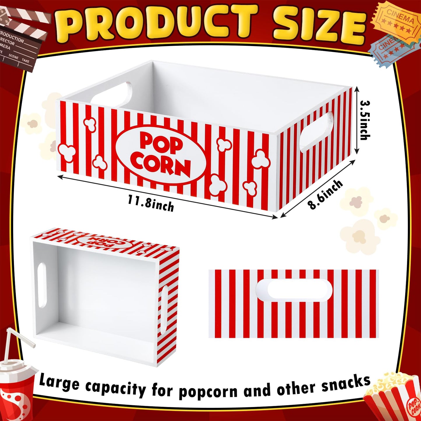 Movie Night Supplies Snack Trays with Handles Reusable Wooden Movie Gift Basket for Theater Popcorn Bucket Bowl Box Container Family Room Decor(Striped)