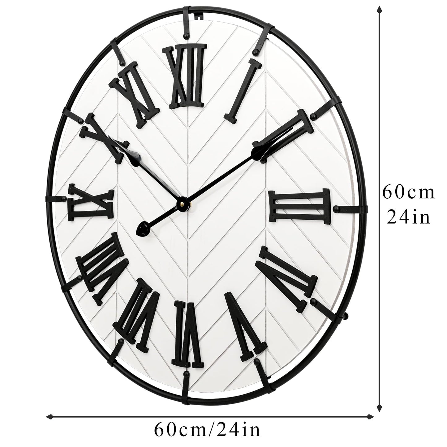 EMAX HOME 24 Inch Large Wooden Wall Clock – Extra Large Farmhouse Wall Clock with 3D Roman Numerals, Modern White Round Wood & Metal Clock for Living Room, Silent & Accurate Timekeeping