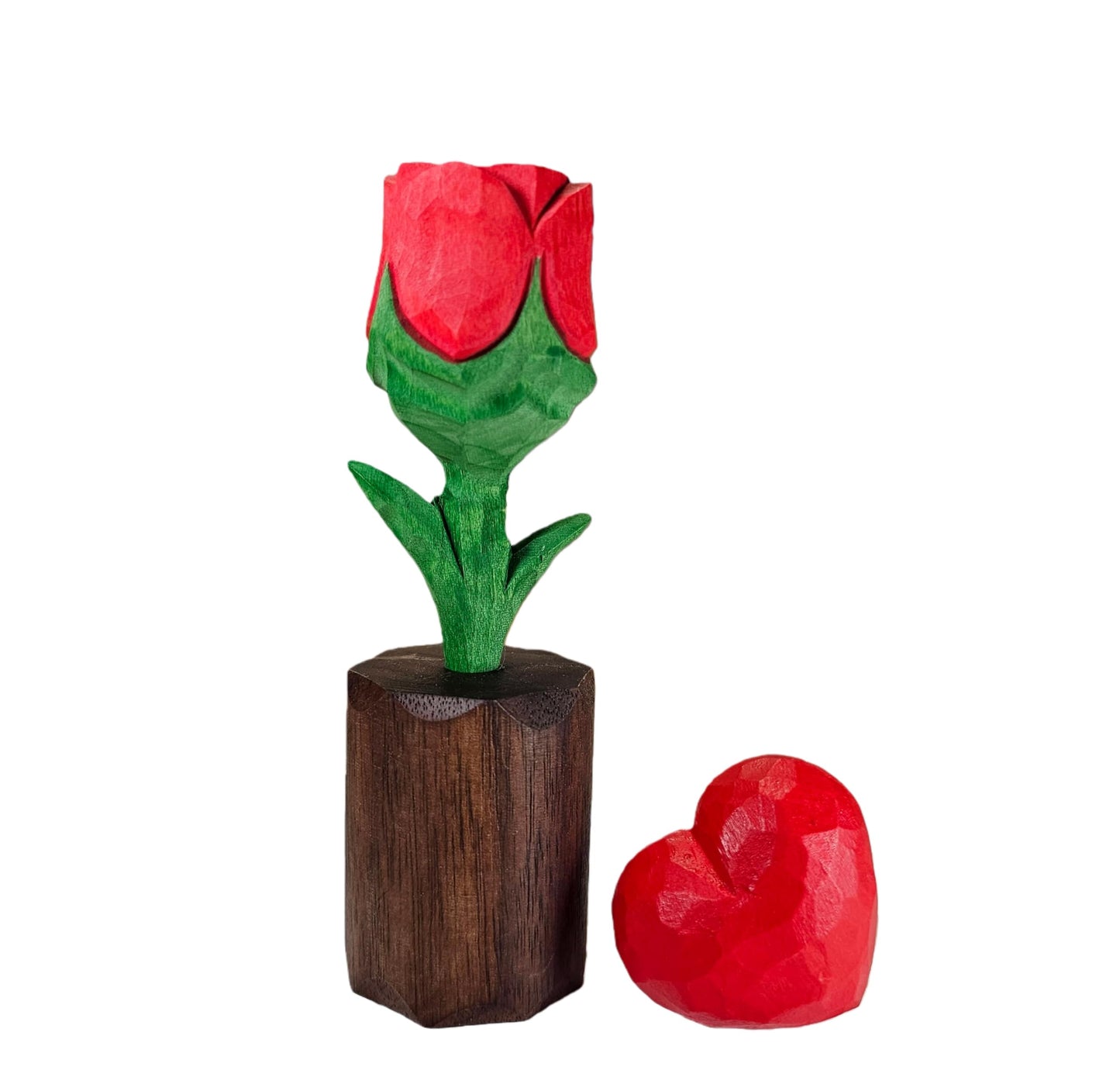 WOODEN ISLANDS Hand-Carved Wooden Flower with Red Heart - Handcrafted Everlasting Wood Sculpture - 5th Anniversary, Valentine's Day, Birthday Gift for Her - Gift Box Included (Red Rose)