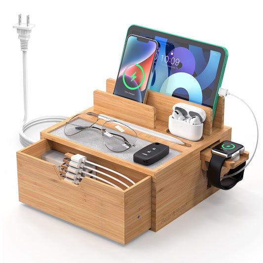 Pezin & Hulin Bamboo Charging Station for Multi Device, with Power Charger & Cables, Nightstand Docking Station with Lined Tray & Drawer, Compatible with Tablet, Cell Phones