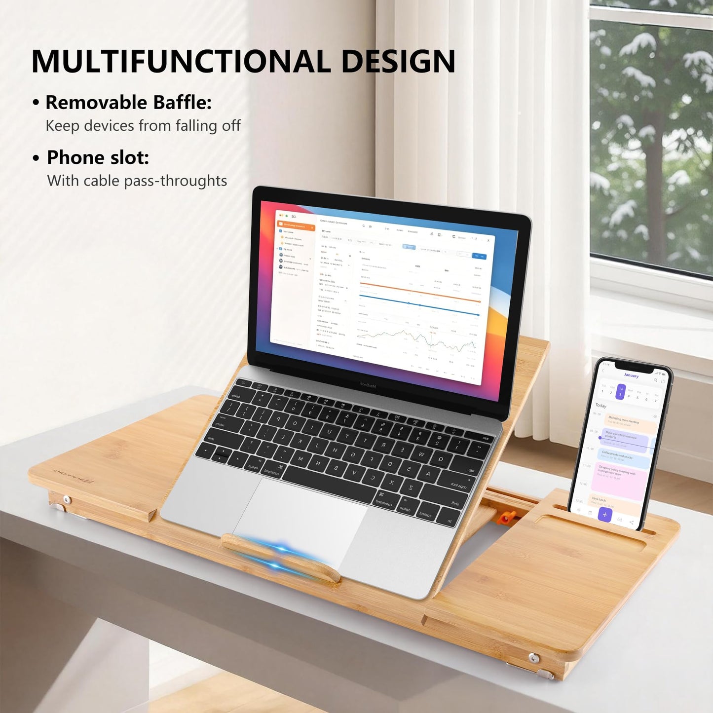 Laptop Desk Nnewvante Bamboo Laptop Table Adjustable Lap Tray Bed Serving Tray Breakfast Table Foldable Coffee Tea Table 7 Tilting Top Angles 4 Latches Large Size 27.95" x 13.8"
