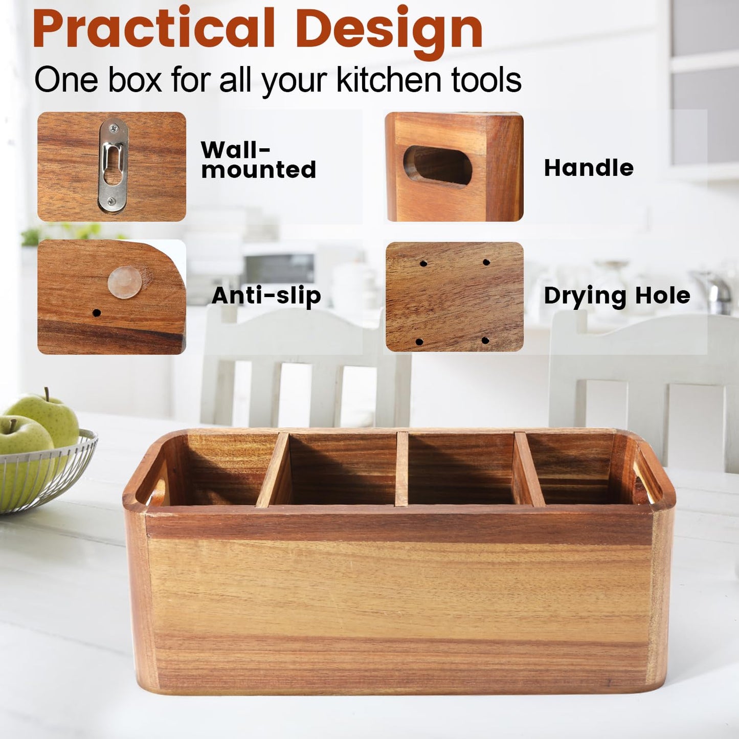 Gallkeat Kitchen Utensil Holder for Counter or Countertop, Large Wooden Utensil Holder with 4 Compartments, Acacia Wood Organizer for Cooking Utensils and Silverware, Ideal Gift for Kitchen Decor