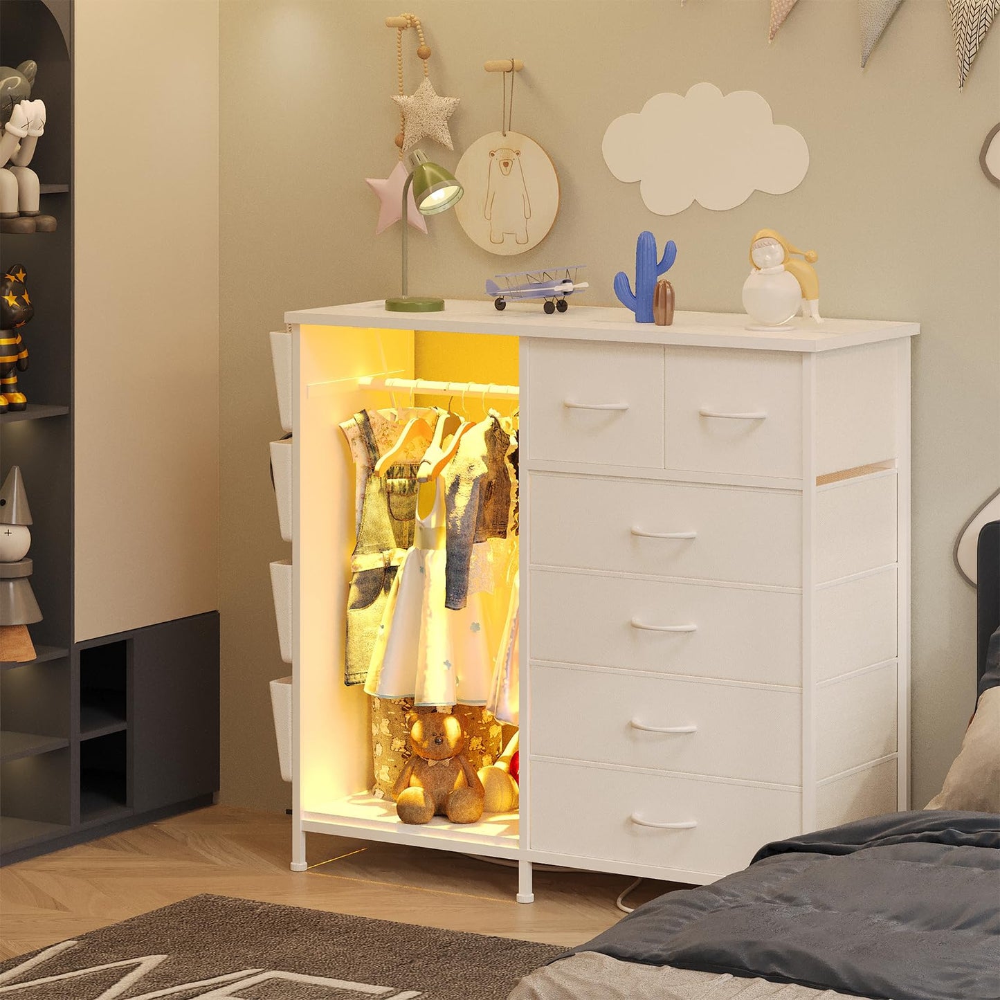 WODRAWER 6 Drawer Dresser for Bedroom with Clothes Rack, Clothes Dresser with Side Pockets and Hooks, Charging Station & LED Lights, Wooden Top, Fabric Storage (White)