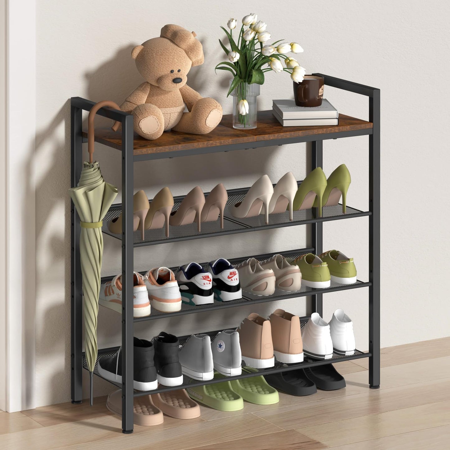 BASICS4ALL 4 Tier Shoe Rack for Entryway, Metal Shoe Rack Heavy Duty with Wooden Top & Adjustable Mesh Shelves, Shoe Storage Organizer for Front Door Entrance/Closet/Bedroom/Dorm/Garage
