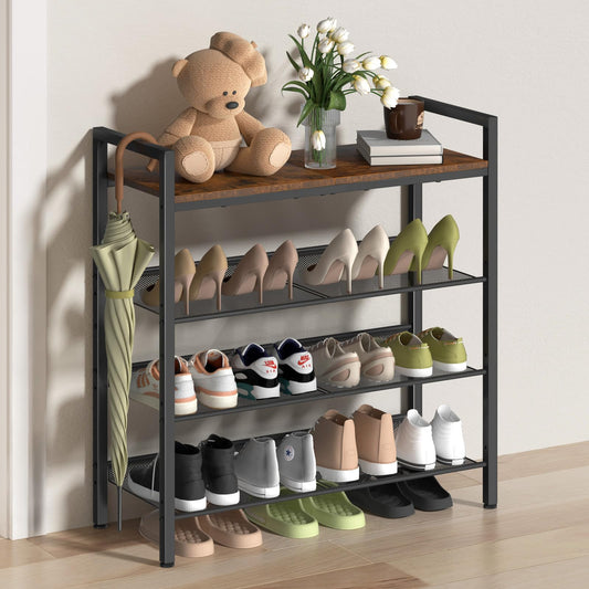 BASICS4ALL 4 Tier Shoe Rack for Entryway, Metal Shoe Rack Heavy Duty with Wooden Top & Adjustable Mesh Shelves, Shoe Storage Organizer for Front Door Entrance/Closet/Bedroom/Dorm/Garage
