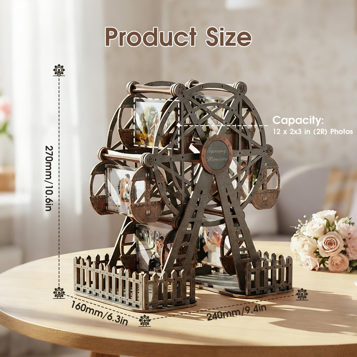 Photo Ferris Wheel 3D Wooden Puzzles for Adults, Rotating Mini Picture Frame Wood Model Kits - Unique Graduation, Personalized Anniversary Presents for Dad, Women Men