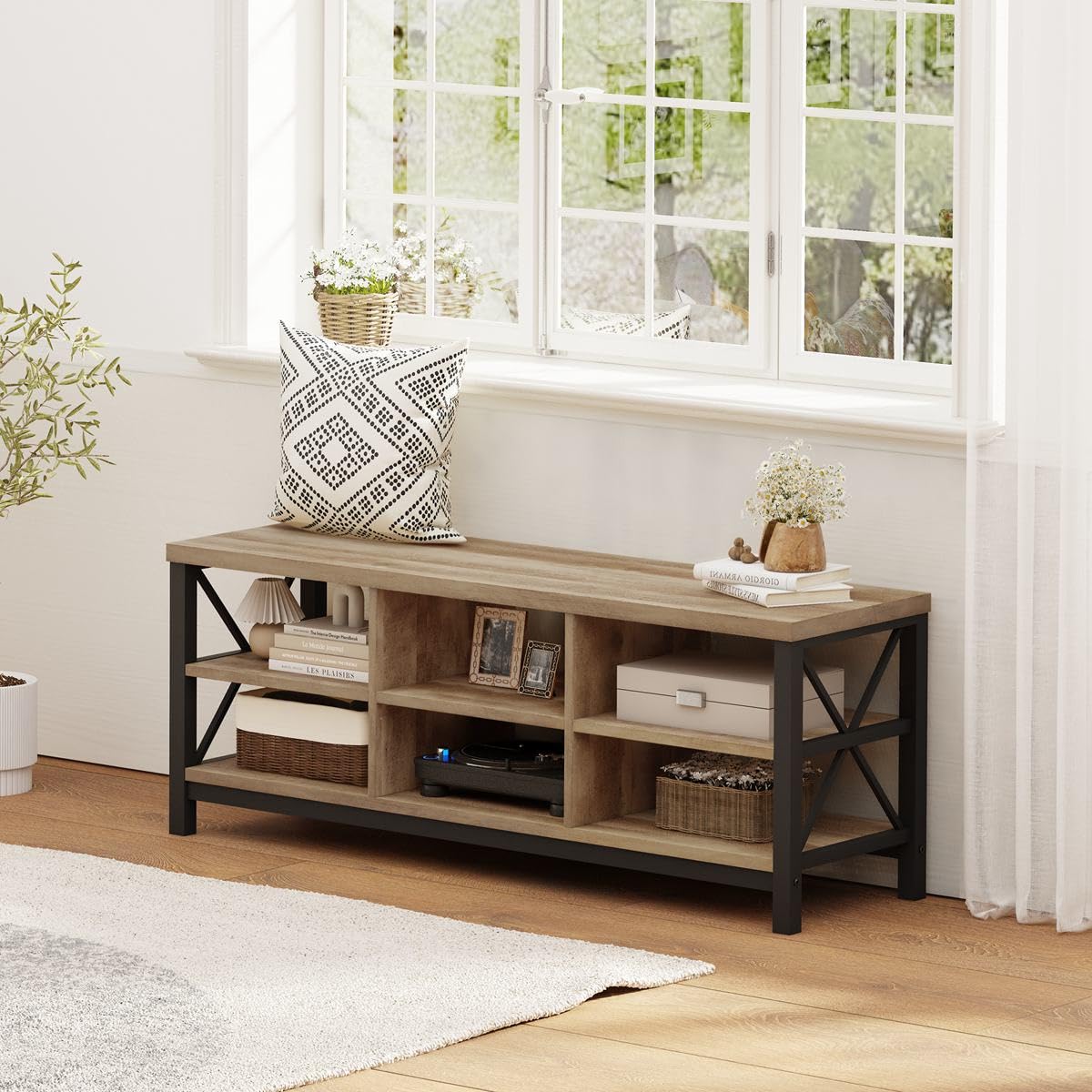 FATORRI Industrial 2 Shelf Bookshelf and Shoe Bench for Entryway (Rustic Oak)