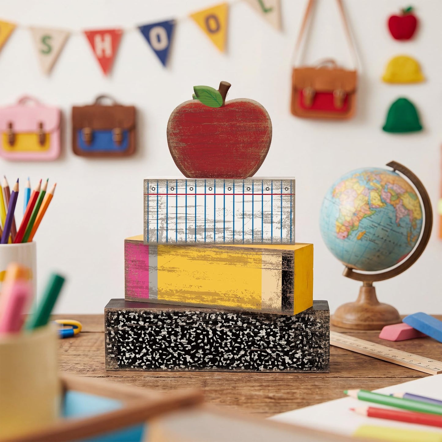 Lineshading 4 Pcs Back to School Table Decorations Retro Red Apples Decor Back to School Tiered Tray Decor Apple Centerpieces Rustic Wood Pencil Block Sign Farmhouse Gifts for Home Shelf Mantel