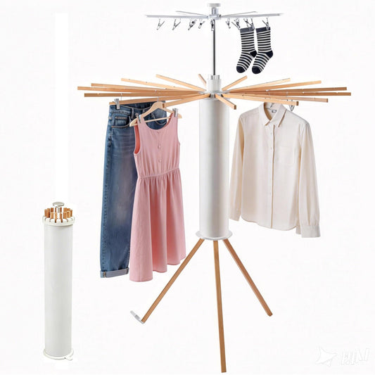 AZHZOLSK Clothes Drying Rack Tripod, Floor Standing Laundry Drying Rack, Portable & Foldable with 16 Wooden Poles Space-Saving Drying Rack for Laundry, Retractable Collapsible for Balcony Bedroom