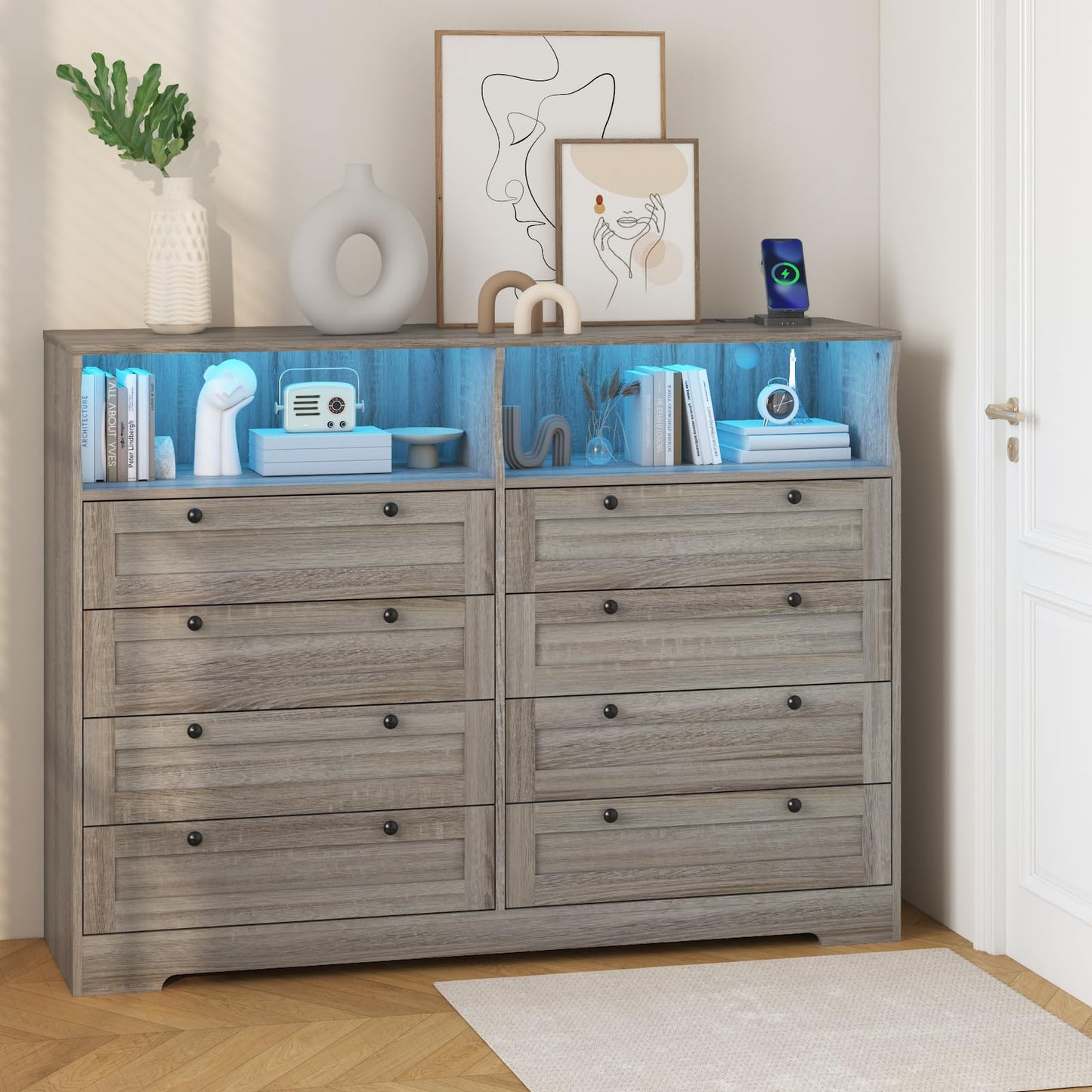 GAOMON 8 Drawer Wooden Dressers for Bedroom with Power Outlet and LED Lights, Grey Wood Chest of Drawers with Deep Drawer, Modern Wide TV Stand Dresser for 55" TV for Bedroom, Living Room, Hallway