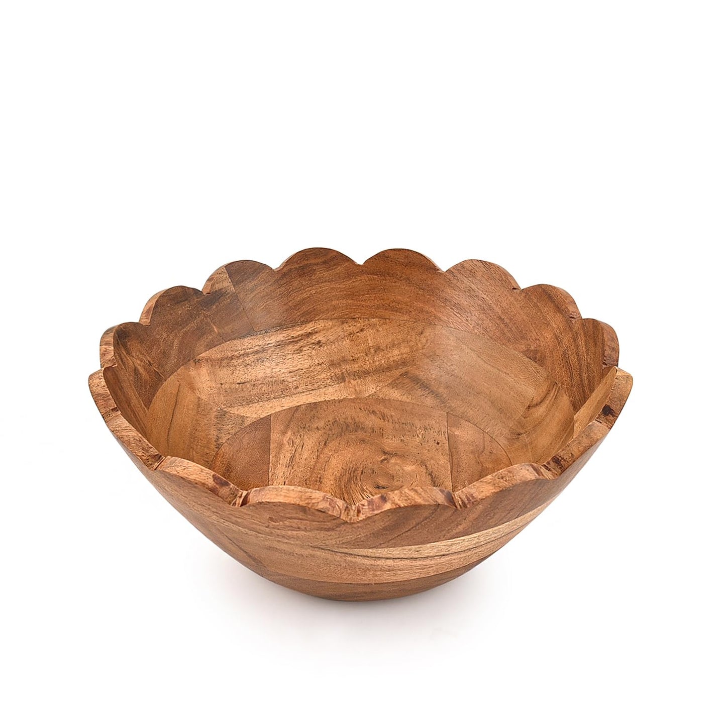 Salad Bowl Acacia Wood Elegant Scalloped Bowl Handcrafted for Salads, Fruits, – Stylish Wooden Kitchen & Tabletop Accessory (9" x 9" x 4")